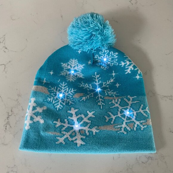 Snowflake Pattern Knit Toque w Pom Pom & 3 Way Lighting Mechanism Blue Sz OS - Picture 6 of 7
